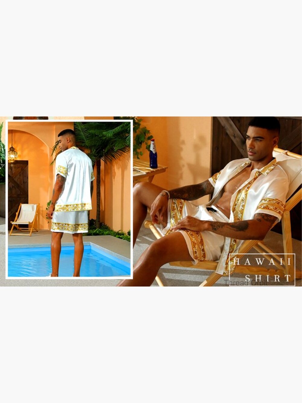 Men's Satin Silk Button Down Shirt Set 2 Piece Summer Beach Outfits - Picture 7 of 7